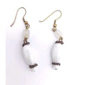 Vintage Dangle Earrings Hook Pierced White Beaded Gold Toned Costume Jewelry